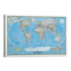 May include: A framed world map with a blue ocean background and detailed landmasses in various colors. The map is labeled "THE WORLD POLITICAL" and is surrounded by a white border with a gold trim.