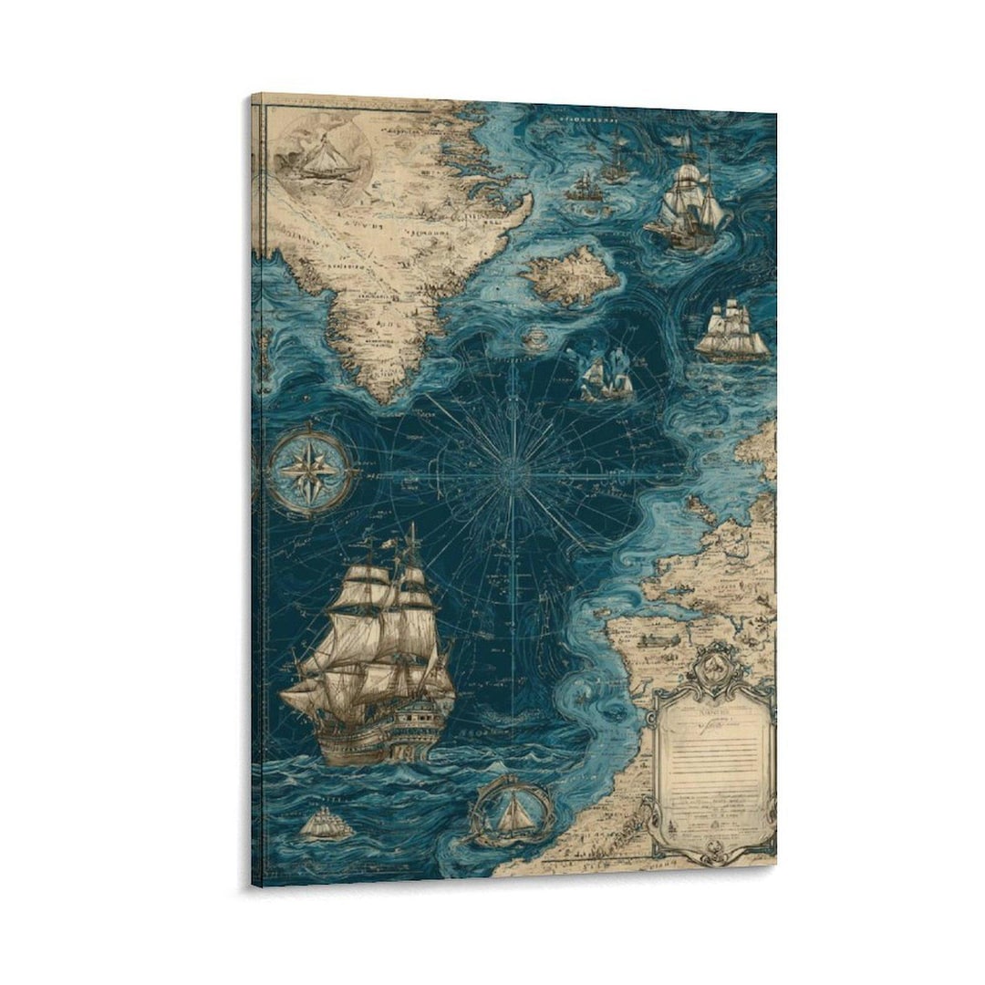 Antique Nautical Map Print With Sailing Ships and Compass Rose Vintage ...