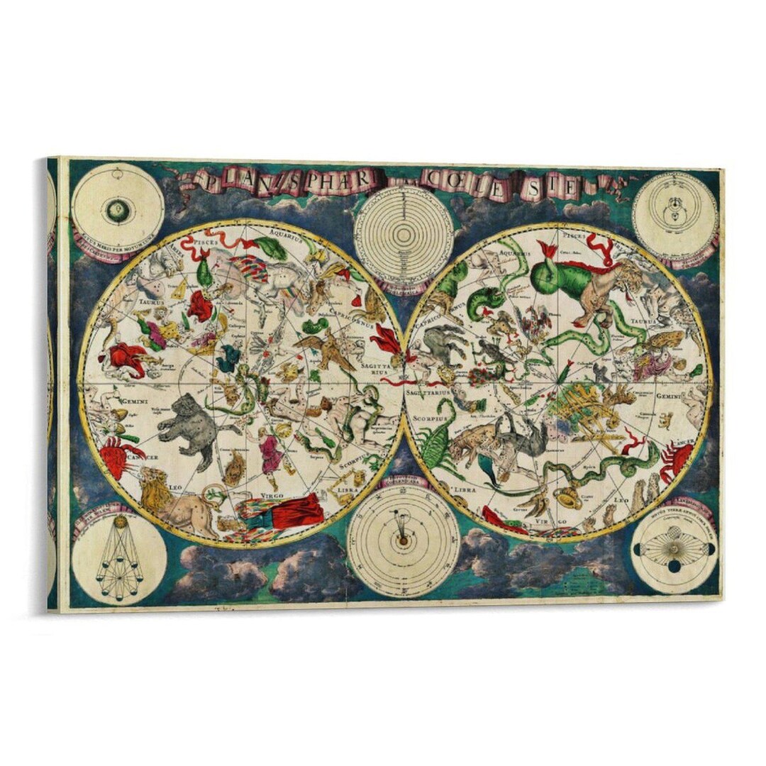 Antique Celestial Star Map Vintage Constellation Zodiac Chart Double ...