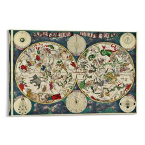May include: A vintage-style celestial map print featuring two circular depictions of constellations and zodiac signs. The map is in shades of beige, green, and blue, with detailed illustrations of mythical creatures and celestial bodies. The text "PLANISPHARII COEL ESTELL" is visible.