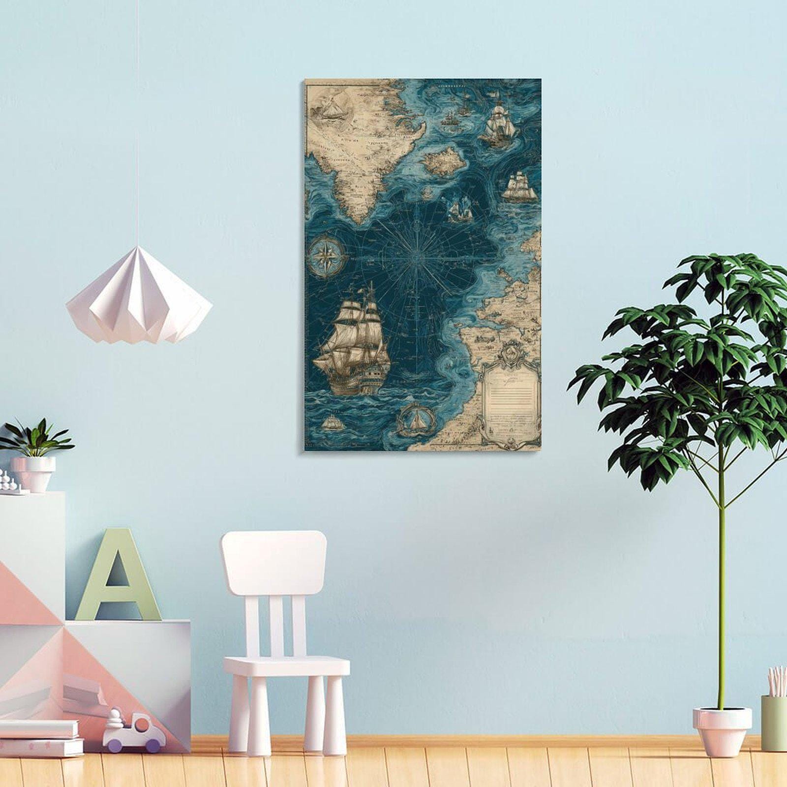 Antique Nautical Map Print With Sailing Ships and Compass Rose Vintage ...