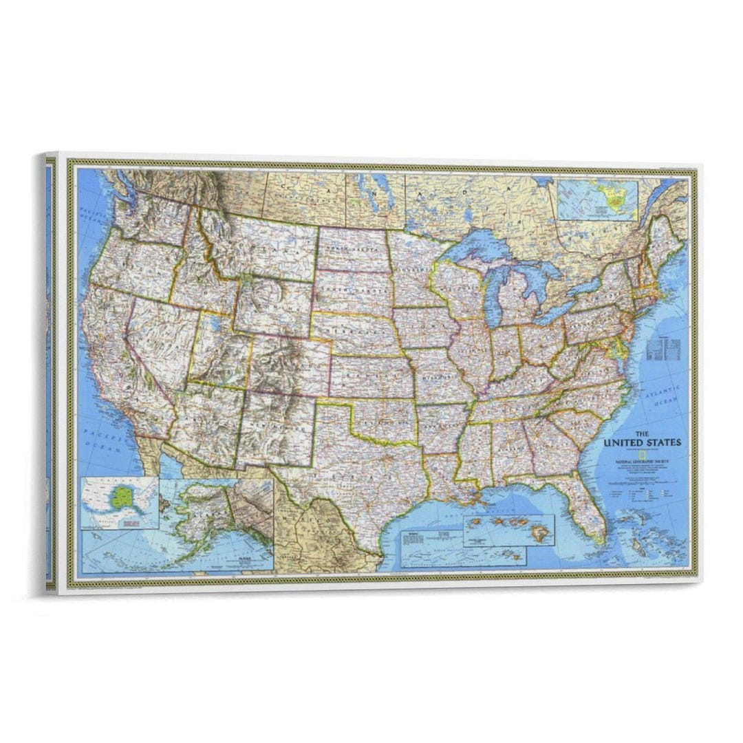 Vintage United States Map Poster National Geographic Style Detailed