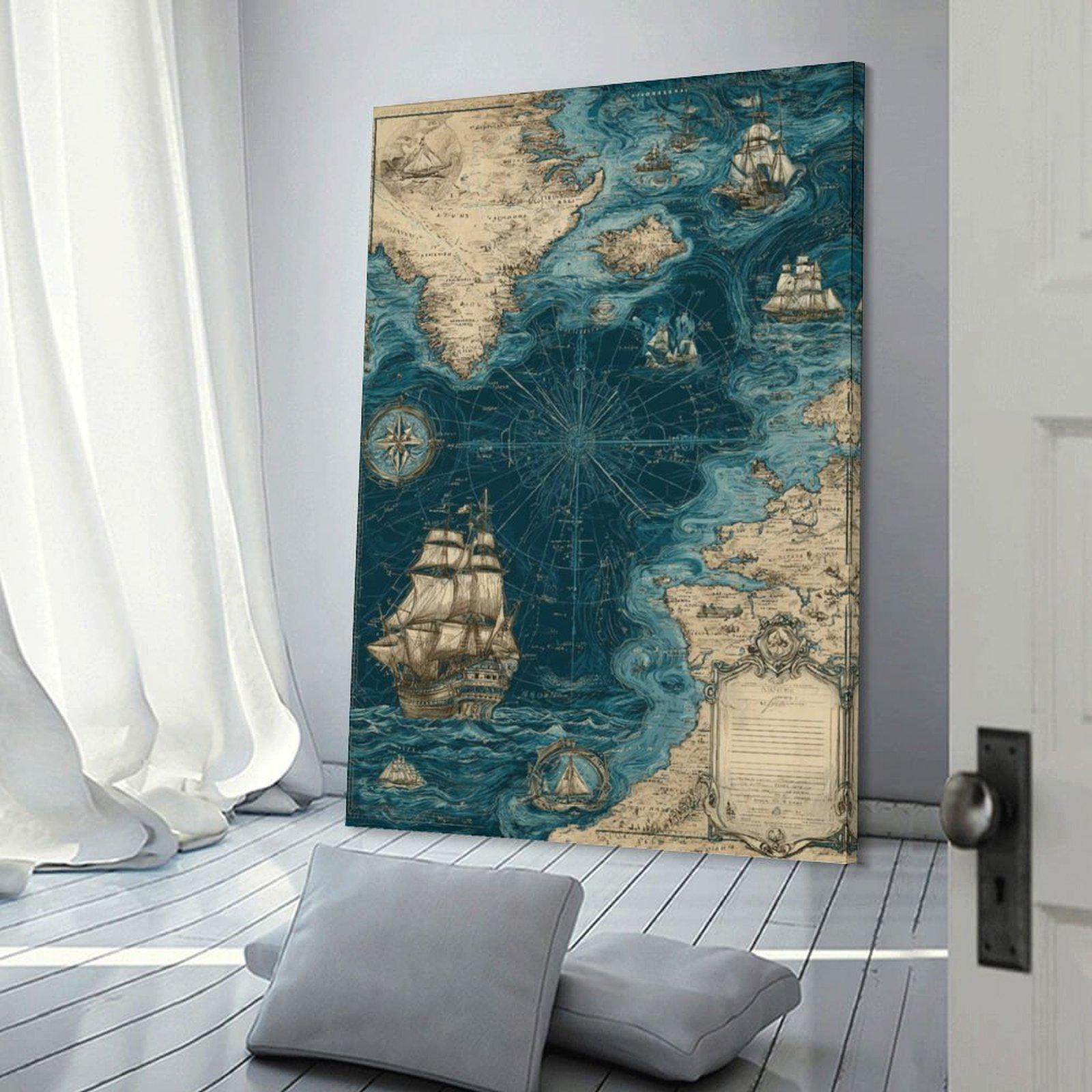 Antique Nautical Map Print With Sailing Ships and Compass Rose Vintage ...