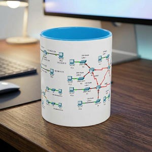 Puede incluir: Una taza de cerámica blanca con interior azul, con un diseño de diagrama de red. El diagrama incluye texto y símbolos que representan componentes y conexiones de red. La taza está sobre una superficie de madera.