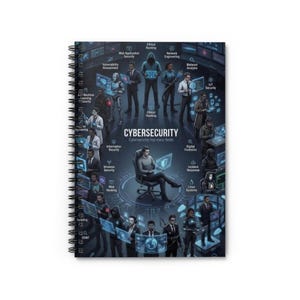 Puede incluir: Un cuaderno de espiral con una ilustración digital azul oscuro titulada CYBERSECURITY. La portada muestra una figura central sentada en una silla, rodeada de profesionales y pantallas holográficas brillantes con datos técnicos.