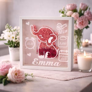 Peut inclure: Un cadre blanc avec un fond rose présente un éléphant en roses de papier. La boîte comprend le nom "Emma", des mesures et une date. L'éléphant est fait de roses rouges et roses.