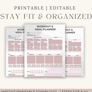 Könnte beinhalten: Drei druckbare Trainings- und Ernährungsplaner in einem sanften Rosa- und Weißton. Der Text "WORKOUT & MEAL PLANNER" ist sichtbar, zusammen mit Abschnitten für Training, Mahlzeiten und Wasseraufnahme. Der Satz "STAY FIT & ORGANIZED" steht oben.