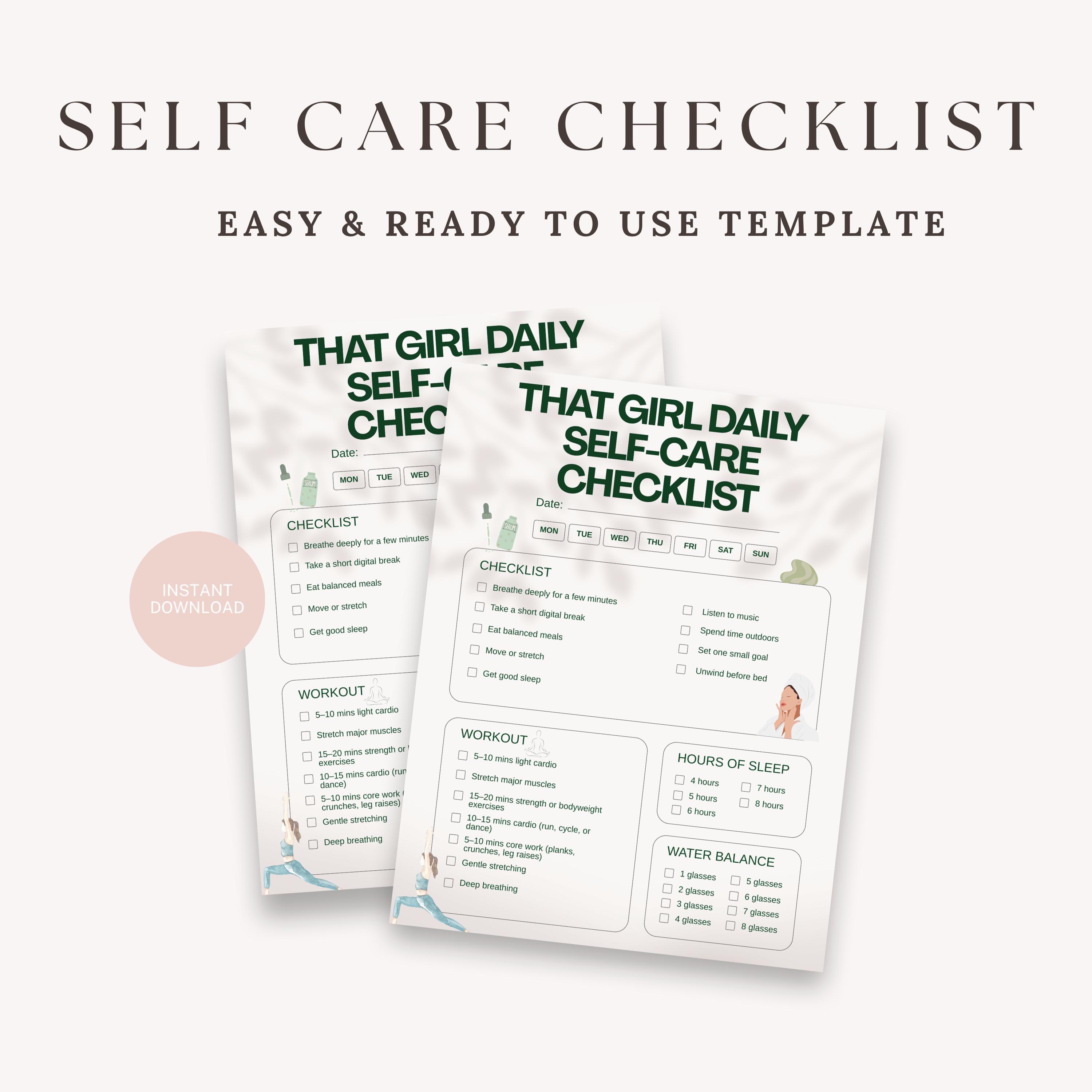That Girl Self Care Checklist Printable, Daily Wellness Planner ...