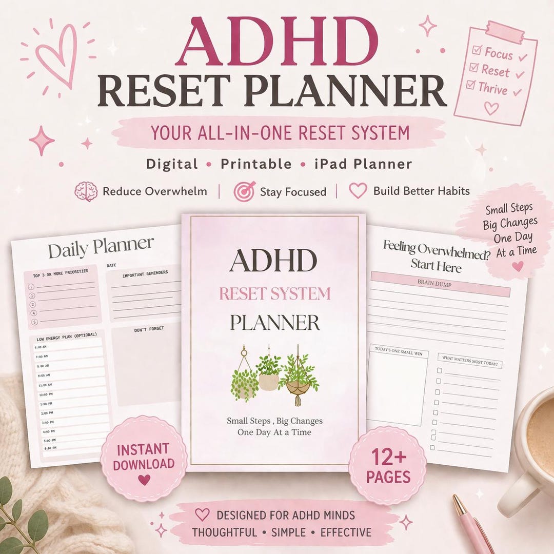 2026 ADHD Digital Planner Self-care Habit Tracker| Printable Reset ...