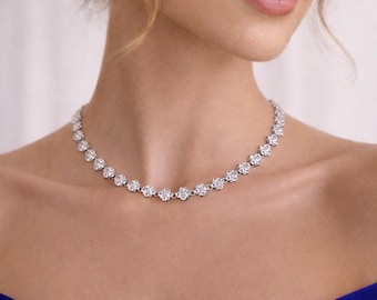 Clover Floral Crystal Choker Necklace, Adjustable 15 Inch Tennis Chain
