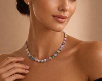 Colorful Crystal Flower Tennis Choker Necklace, Rainbow Statement Jewelry (15.5" Adjustable)