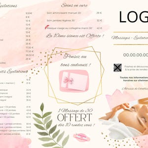 Carte des soins institut de beauté Canva – Modèle menu esthétique modifiable rose doré tropical girly – Price list beauty salon editable