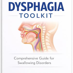 May include: A book cover with the title "Ultimate Adult Dysphagia Toolkit" in blue and white. It features an illustration of the human throat and neck, with text below stating "Comprehensive Guide for Swallowing Disorders."