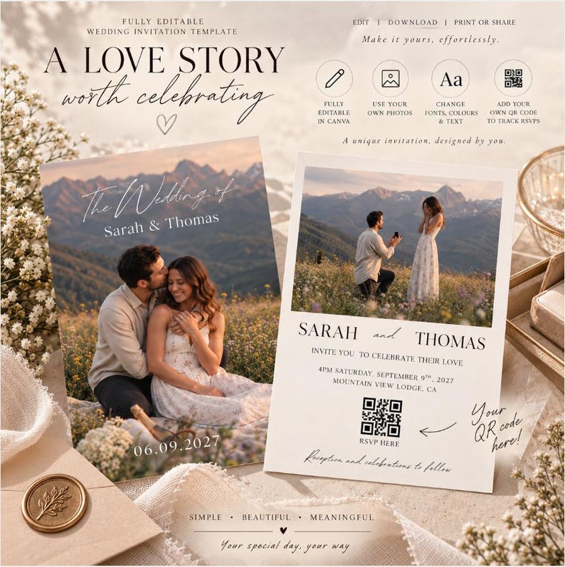 Wedding Photo Qr Code Example Photo Wedding Invitation, Editable Canva Wedding Invite, Modern Wedding ...