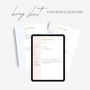 May include: A digital tablet displaying a Brag Sheet template for 10th grade, with two additional paper templates for 9th and 12th grade visible behind it. The documents feature gold text headers, black typography, and light pink or blue vertical side bars.