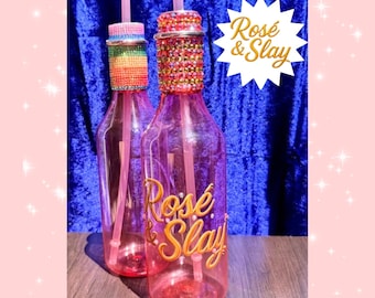 Rainbow Rhinestone Rosé & Slay Champagne Tumbler | Upscale Bling Sipper |  Celebration Drinkware