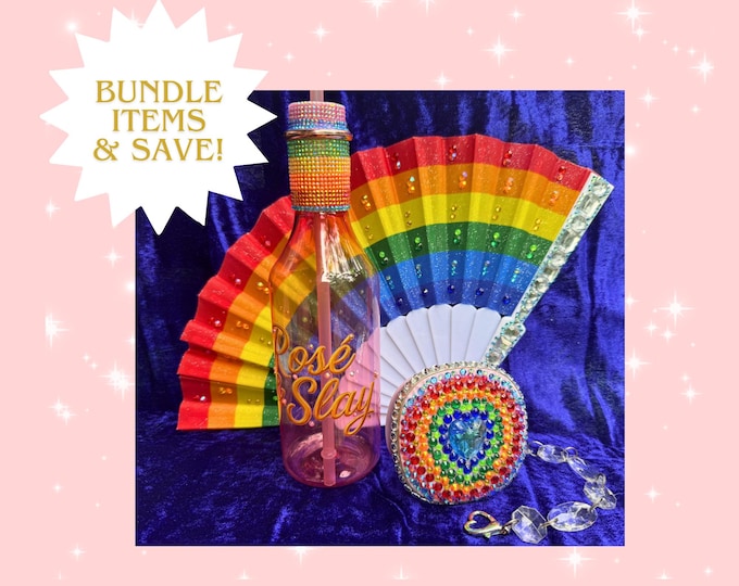 Featured listing image: Rainbow Rhinestone Fan, Tumbler, and Compact Bundle – Festival Glam