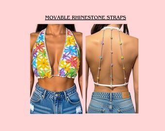 Hand-Painted Floral Rave Bralette | Rainbow Rhinestone Festival Top