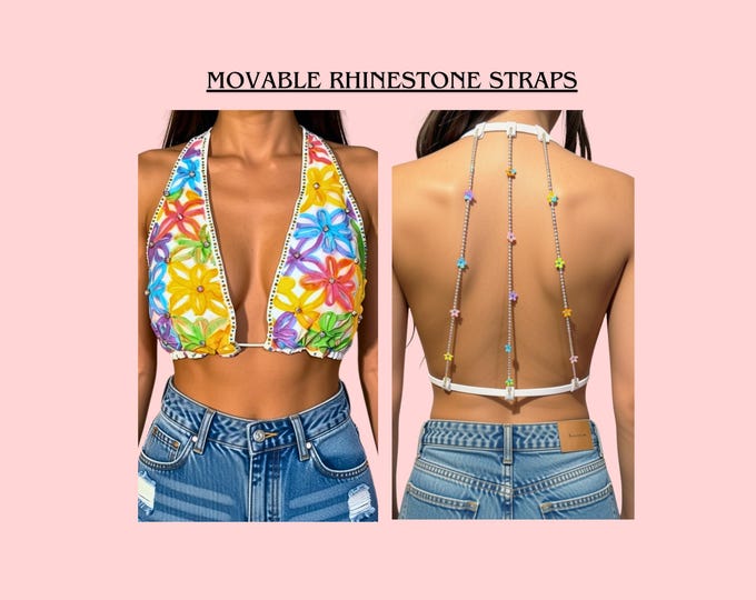 Featured listing image: Hand-Painted Floral Rave Bralette | Rainbow Rhinestone Festival Top