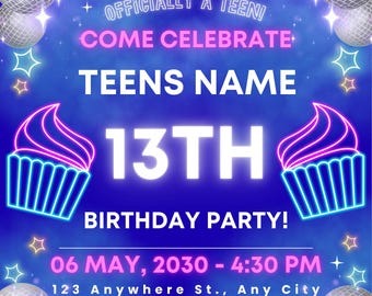 13th Birthday Digital Download, Neon Cupcake Disco Ball  (Canva Template)
