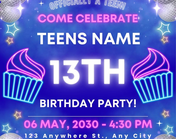 13th Birthday Digital Download, Neon Cupcake Disco Ball  (Canva Template)