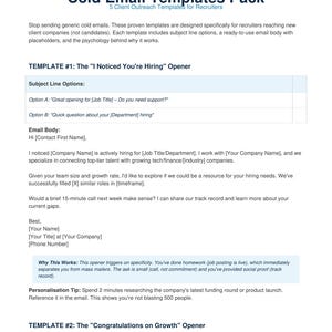 Puede incluir: Un documento blanco titulado "Cold Email Templates Pack" con texto para reclutadores. El documento incluye plantillas para correos electrónicos en frío, con opciones de línea de asunto y ejemplos de cuerpo de correo electrónico. El texto también incluye consejos de personalización.