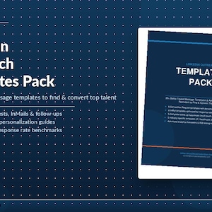 Puede incluir: Un gráfico azul oscuro con el texto "LinkedIn Outreach Templates Pack" y una lista de características. Un folleto con el mismo título está a la derecha. El folleto tiene una cubierta azul oscuro con texto blanco y líneas naranjas y azules.