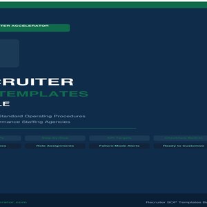 May include: A dark blue graphic with the text "RECRUITER SOP TEMPLATES BUNDLE". The graphic also includes the text "RECRUITER ACCELERATOR" and the phrase "10 Complete Standard Operating Procedures for High-Performance Staffing Agencies."