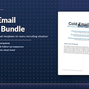 Puede incluir: Gráfico azul oscuro con el texto "Cold Email Mega Bundle" y "28 plantillas de correo electrónico para copiar y pegar para cada situación de contratación". Texto adicional incluye "7 categorías | 28 plantillas".
