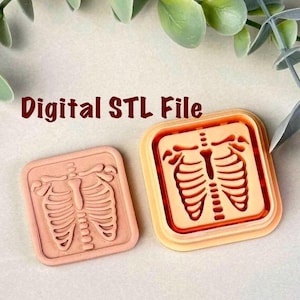 May include: Two square-shaped cookie cutters with a rib cage design. One is a light pink color, and the other is orange. The text "Digital STL File" is written in a dark red color above the cookie cutters.