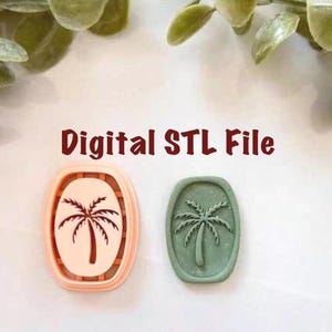 May include: Two oval-shaped palm tree designs, one in peach and the other in green, are displayed. The peach design has a brown palm tree within a peach border. The green design has a green palm tree. The text "Digital STL File" is above the designs.