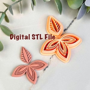 Könnte beinhalten: Zwei blattförmige Ausstecher in Pfirsich- und Koralltönen. Einer ist ein einzelnes Blatt, der andere ein mehrschichtiges Blumendesign. Der Text "Digital STL File" ist in Braun gedruckt.