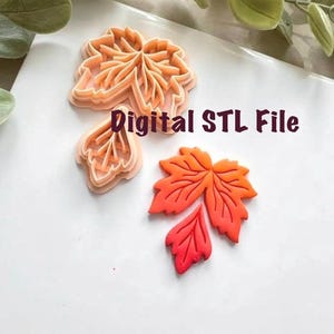 May include: Image of three leaf-shaped cookie cutters and a leaf-shaped decoration. The cookie cutters are light orange, and the leaf decoration is red and orange. The text "Digital STL File" is in the center of the image.