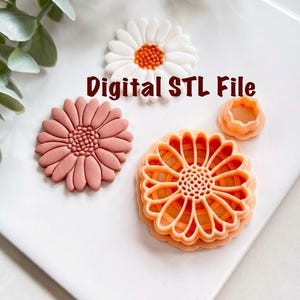 Peut inclure: Plusieurs objets en forme de marguerite de différentes couleurs. L'un est blanc avec un centre orange, un autre est rose et le troisième est orange. Le texte "Digital STL File" est affiché sur la surface blanche. Il s'agit de fichiers d'impression 3D.