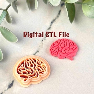 Puede incluir: Un modelo de cerebro rosa y un cortador de galletas con forma de cerebro se muestran sobre una superficie de mármol. El cortador de galletas es beige y marrón. El texto "Digital STL File" está en la imagen.