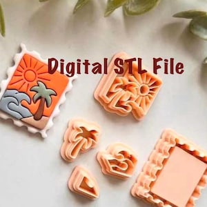 Könnte beinhalten: Eine Auswahl an orangefarbenen und weißen Ausstechern in verschiedenen Formen, darunter eine Palme, eine Sonne und Wellen. Der Text "Digital STL File" ist im Bild zu sehen. Die Ausstecher sind für Strand-Themen-Kekse gedacht.