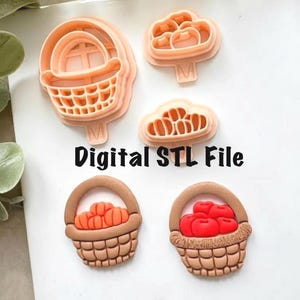 May include: A selection of peach and brown basket-shaped cookie cutters and finished cookies. The cutters are in the shape of baskets and fruit. The text "Digital STL File" is printed in black.
