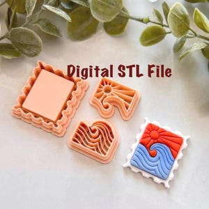 May include: Four peach-coloured cookie cutters in various shapes, including a rectangle, a sun with waves, and a wave design. One cutter features a red sun and blue waves. The text "Digital STL File" is displayed.