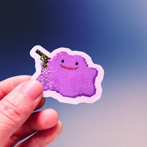 Sparkle Holographic Pixel Ditto Pokopia Inspired Vinyl Sticker | Retro Gaming | Water-resistant | 3 Styles Available