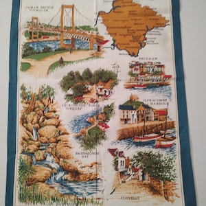 May include: A white cotton tea towel with a teal border featuring illustrations of Devon scenes. The towel includes images of a bridge, map, coastal towns, and the text "Devon Scenes".
