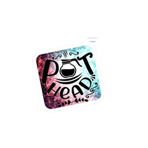 May include: A square sticker with the words "POT HEAD" in black script, featuring a coffee pot illustration. The background has a gradient of red, blue, and teal colors with decorative swirls.