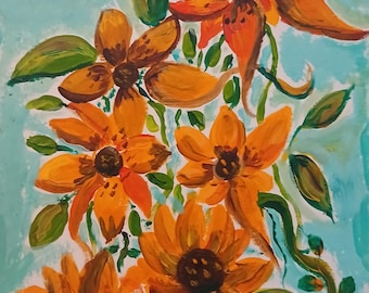 Dipinto originale di girasole, arte fluttuante e calma del cielo libero