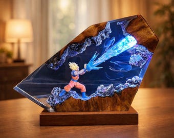 Lámpara de resina Kamehameha Goku, luz nocturna de epoxi Dragon Ball, lámpara LED de anime Super Saiyan, lámpara de resina de madera hecha a mano, regalo de anime, decoración de habitaciones