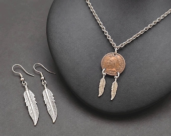Vintage 1909 Indian Head Penny Feather Necklace and feather earrings