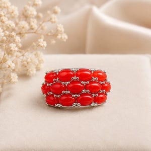 Vintage 925 Sterling Silver Coral Cluster Statement Ring Size 8.5