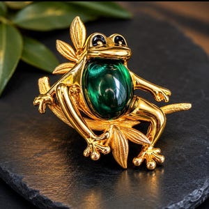 May include: A gold-toned frog brooch with a large, oval, emerald-green stone set in its belly. The frog is perched on a gold-colored leaf and branch, with black eyes. The brooch is a decorative accessory.