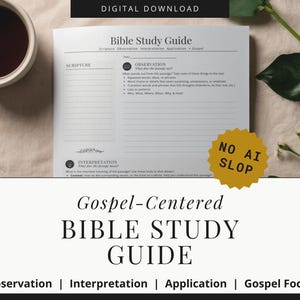 Könnte beinhalten: Ein weißer Bibelstudienführer aus Papier mit schwarzem Text, der Abschnitte für Schriftstelle, Beobachtung, Auslegung, Anwendung und Evangelium enthält. Das Dokument enthält den Text Digital Download und einen goldenen Stern mit No AI Slop.