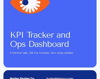 May include: A blue graphic with the text "KPI Tracker and Ops Dashboard" and "Hurley Design Co." An orange eye graphic is at the top. The text says "6 function tabs. 222 live formulas. Zero setup needed."