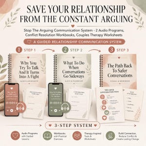 May include: A three-step relationship communication system featuring spiral-bound workbooks titled Why You Try To Talk And It Turns Into A Fight, What To Do When Conversations Go Sideways, and The Path Back To Safer Conversations, plus audio programs.