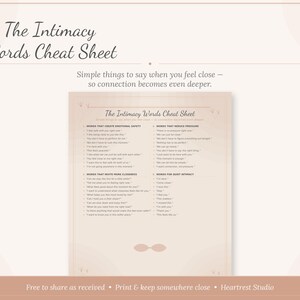 K&ouml;nnte beinhalten: Ein beigefarbener digitaler Druck mit dem Titel The Intimacy Words Cheat Sheet, der vier kategorisierte Listen mit S&auml;tzen zur F&ouml;rderung der Verbindung enth&auml;lt. Der Text umfasst Abschnitte zu emotionaler Sicherheit, Druckminderung, N&auml;he und Intimit&auml;t.